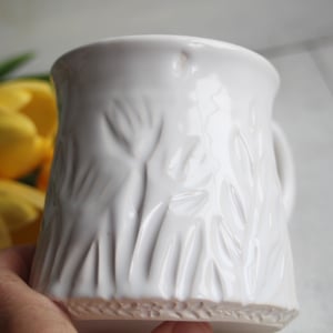 Image of Hand Carved Shiny White Stoneware Mug, 13 Ounce Pottery Mug, Made in USA