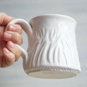 Image of Hand Carved Shiny White Stoneware Mug, 13 Ounce Pottery Mug, Made in USA