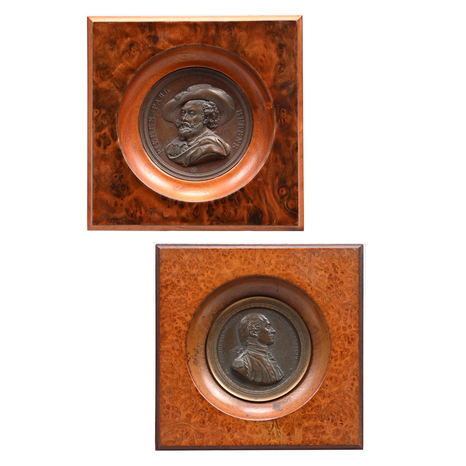 Image of Very Fine Pair of Burlwood and Walnut framed 19th century French and Belgian medals by A. Dupre and 