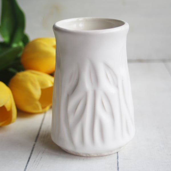 Image of Beautiful Hand Carved White Ceramic Vase, Art Vase Made in USA