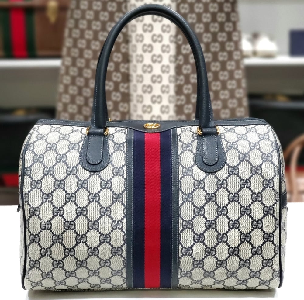 Image of Vtg Gucci XL Blue Monogram Boston Bag 