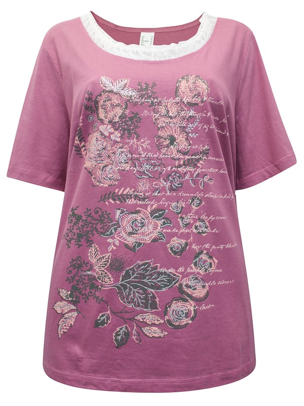 Image of DUSKY-PINK Dobby Lace Trim Printed Top