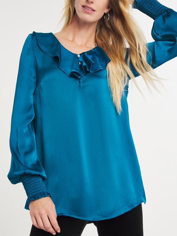 Image of Frill Trim Shirred Cuff Satin Blouse