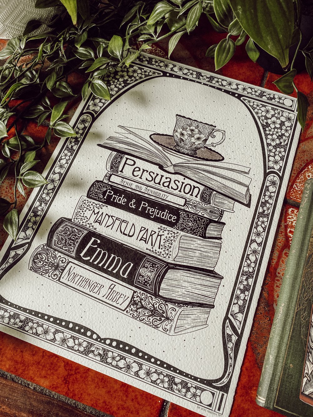 Jane Austen inspired book stack illustration print