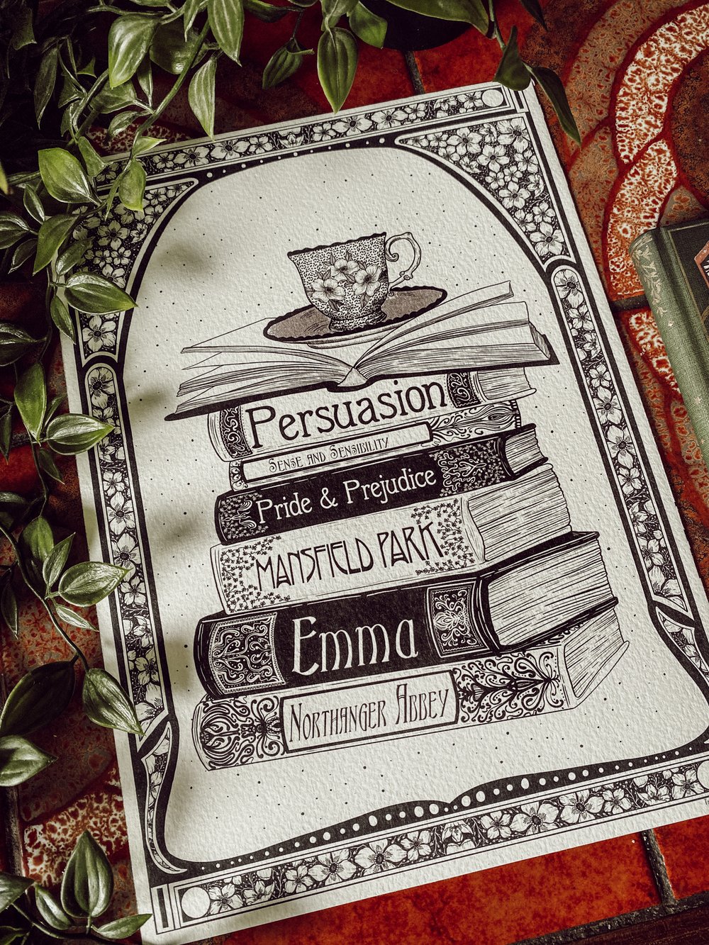 Jane Austen inspired book stack illustration print