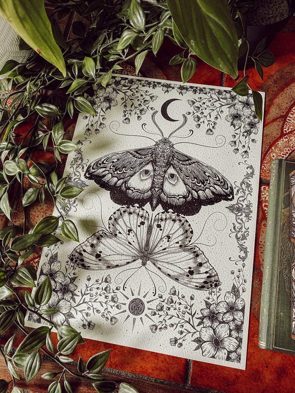 The Moth and Butterfly, Night and day dotwork illustration print