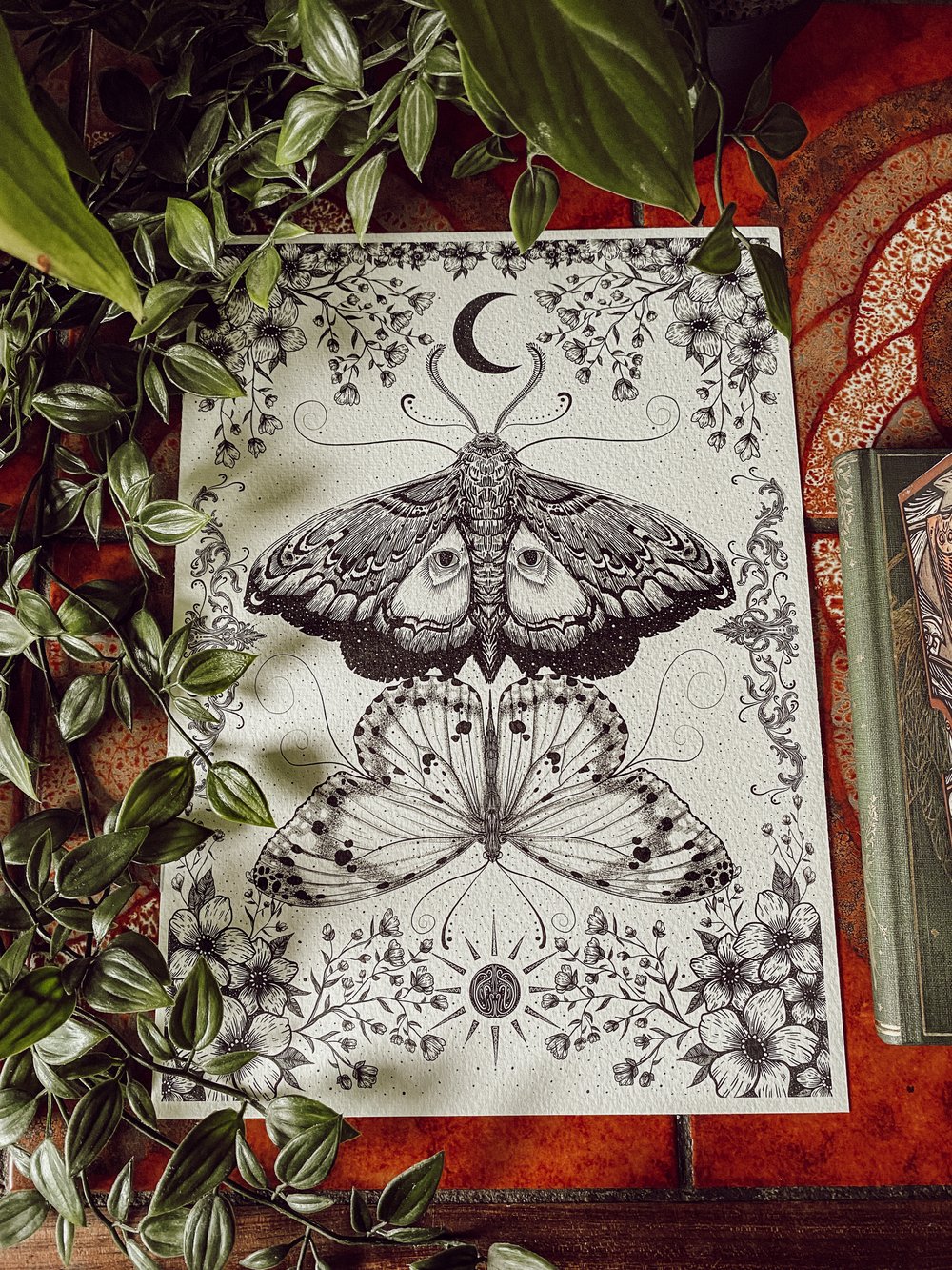 The Moth and Butterfly, Night and day dotwork illustration print