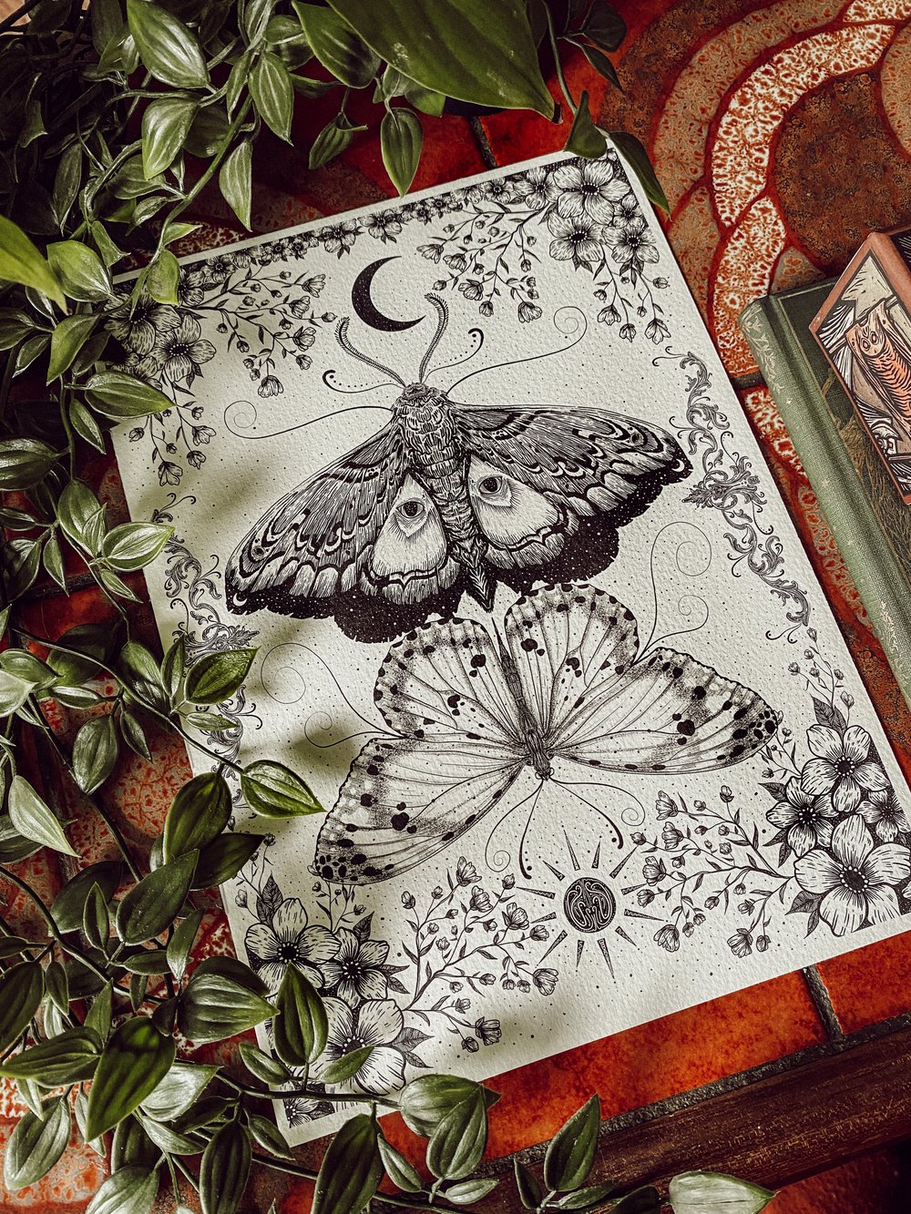 The Moth and Butterfly, Night and day dotwork illustration print