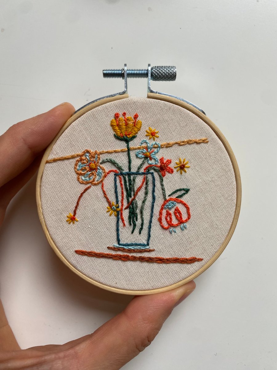 Image of Vase - hand embroidered art, one of a kind, tiny hoop 8.5cm (3.5")