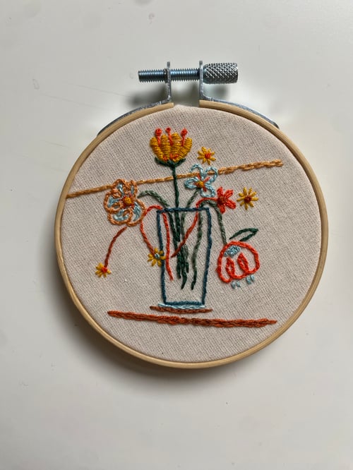 Image of Vase - hand embroidered art, one of a kind, tiny hoop 8.5cm (3.5")