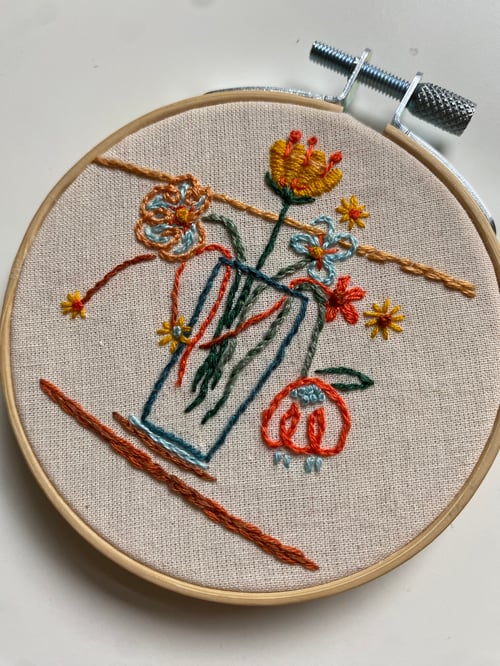 Image of Vase - hand embroidered art, one of a kind, tiny hoop 8.5cm (3.5")
