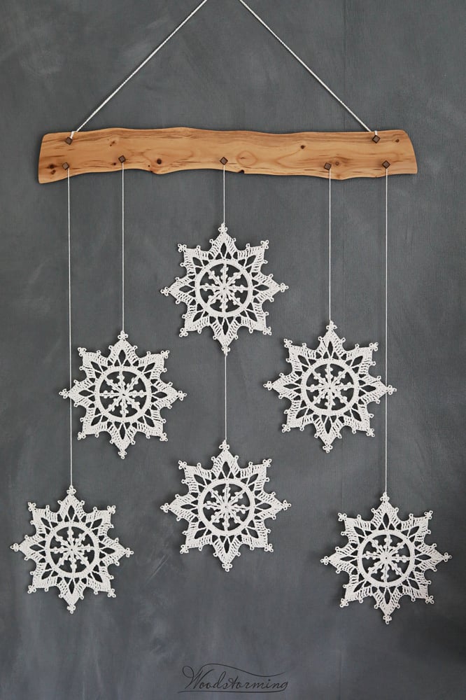 Image of Christmas decoration - snowflake and wood ornament for holiday home decor - ready to ship