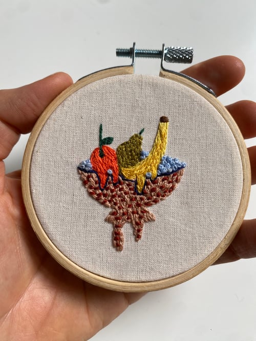 Image of Leaking fruit - hand embroidered art on a tiny hoop 8.5cm (3.5")