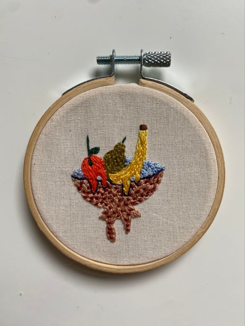 Image of Leaking fruit - hand embroidered art on a tiny hoop 8.5cm (3.5")