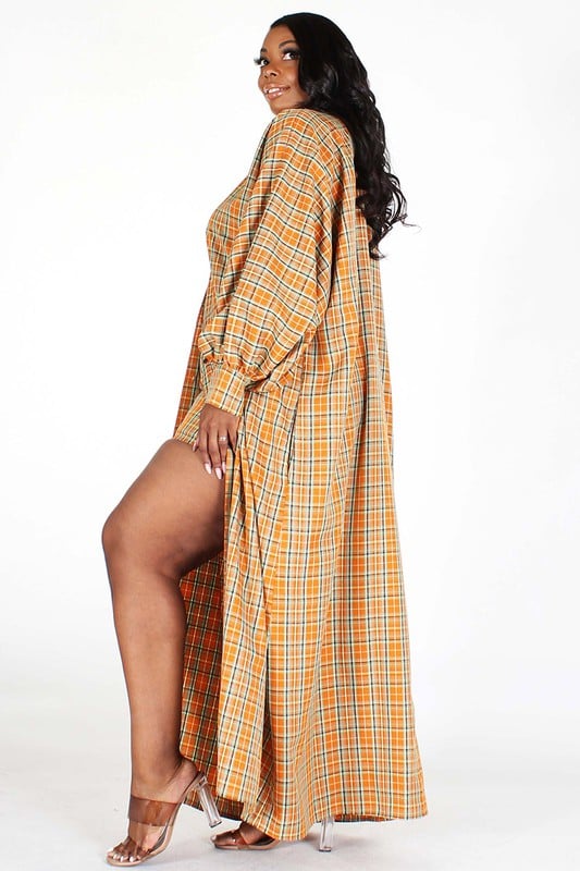 Image of 3PACK MUSTARD PLAID OVERSIZED PLAID DRESS/COAT SHORTS SET