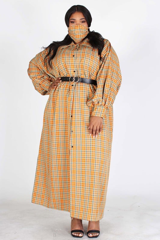 Image of 3PACK MUSTARD PLAID OVERSIZED PLAID DRESS/COAT SHORTS SET