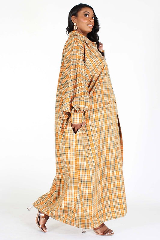 Image of 3PACK MUSTARD PLAID OVERSIZED PLAID DRESS/COAT SHORTS SET