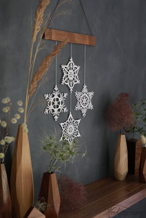 Image of Elegant Christmas holiday decor, snowflakes mobile, 4 crochet snowflakes and wood ornament