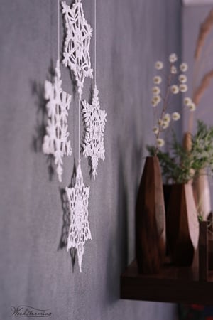 Image of Elegant Christmas holiday decor, snowflakes mobile, 4 crochet snowflakes and wood ornament