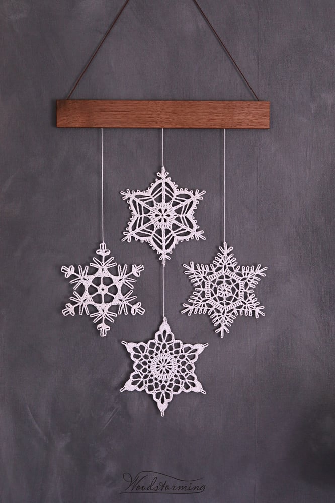 Image of Elegant Christmas holiday decor, snowflakes mobile, 4 crochet snowflakes and wood ornament