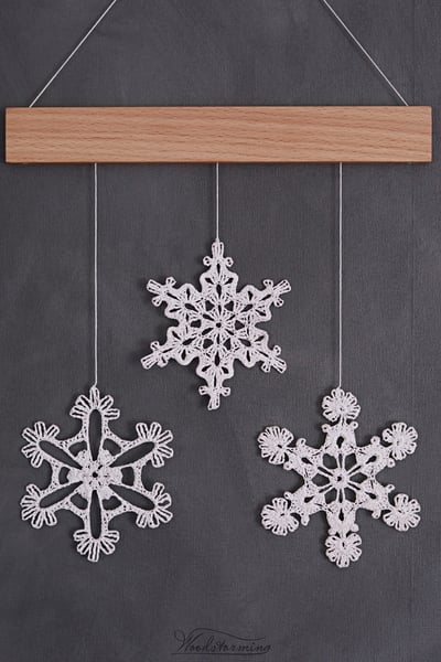 Image of Elegant Christmas holiday home decoration, 3 crochet snowflake and wood mobile, Christmas wall art 