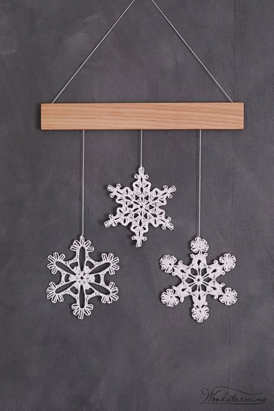Image of Elegant Christmas holiday home decoration, 3 crochet snowflake and wood mobile, Christmas wall art 