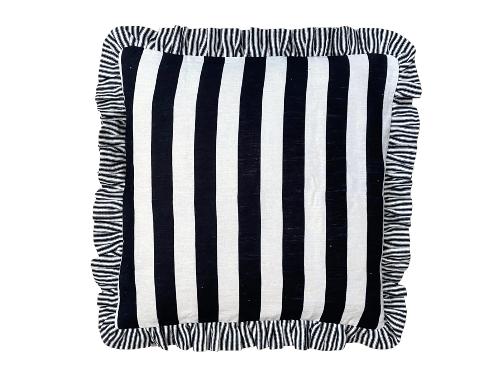 Image of Black & White Stripe Ruffle Cushion