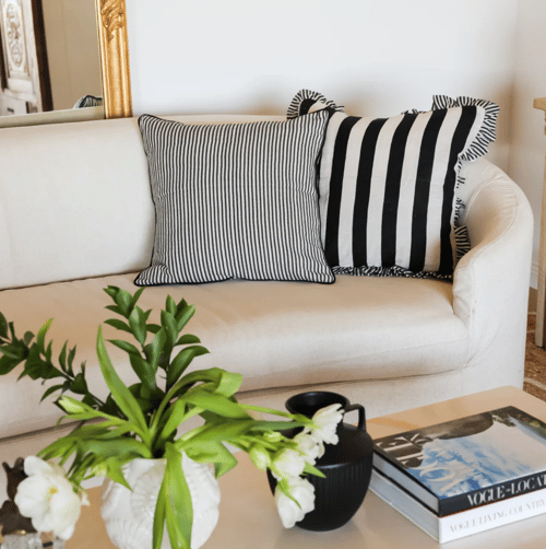 Image of Black & White Stripe Ruffle Cushion