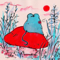 Blue Mouse Thinking on a Mushroom - Print