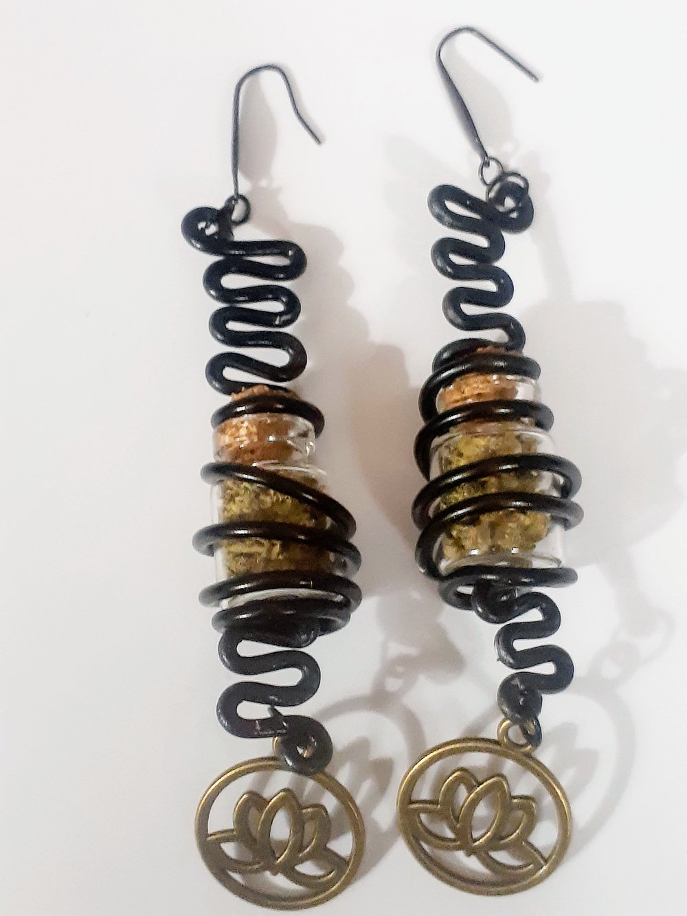 Image of Black wired earrings, Lotus flower charm, Cookie Lover