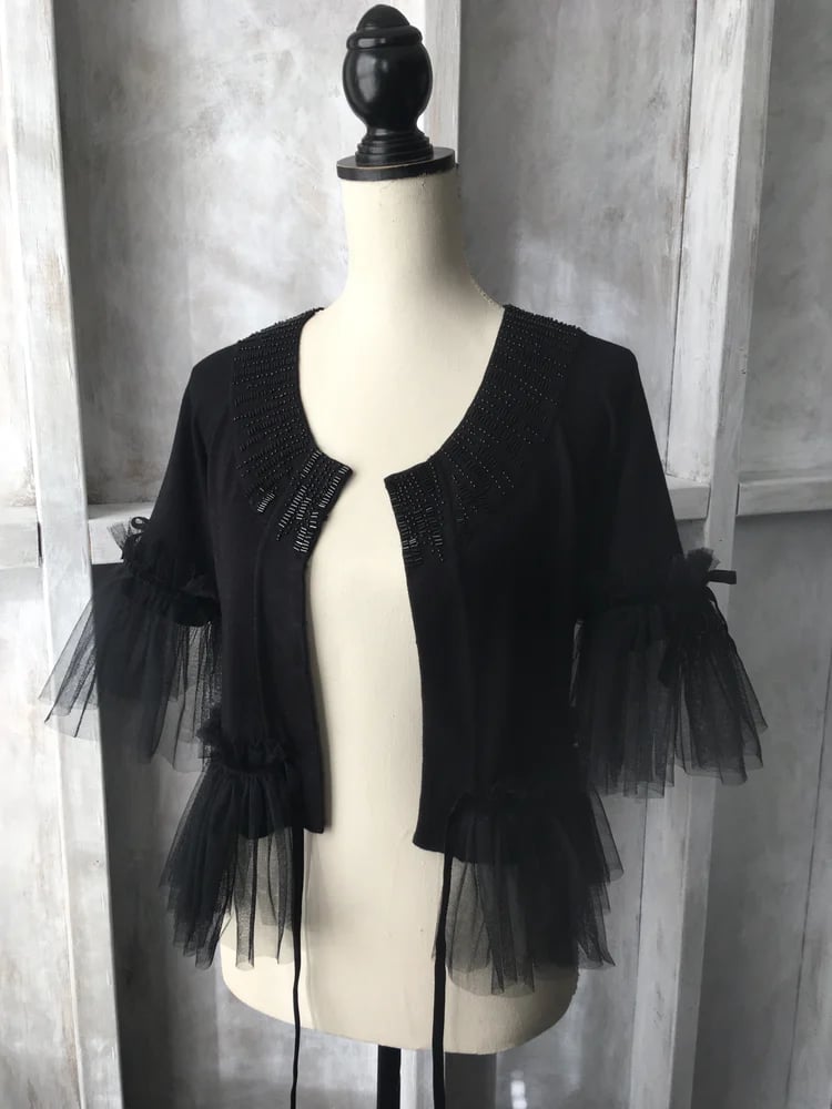 Image of Jet Black Whimsical Regency Circus Style Bead Encrusted Tulle Frilled Cardigan 