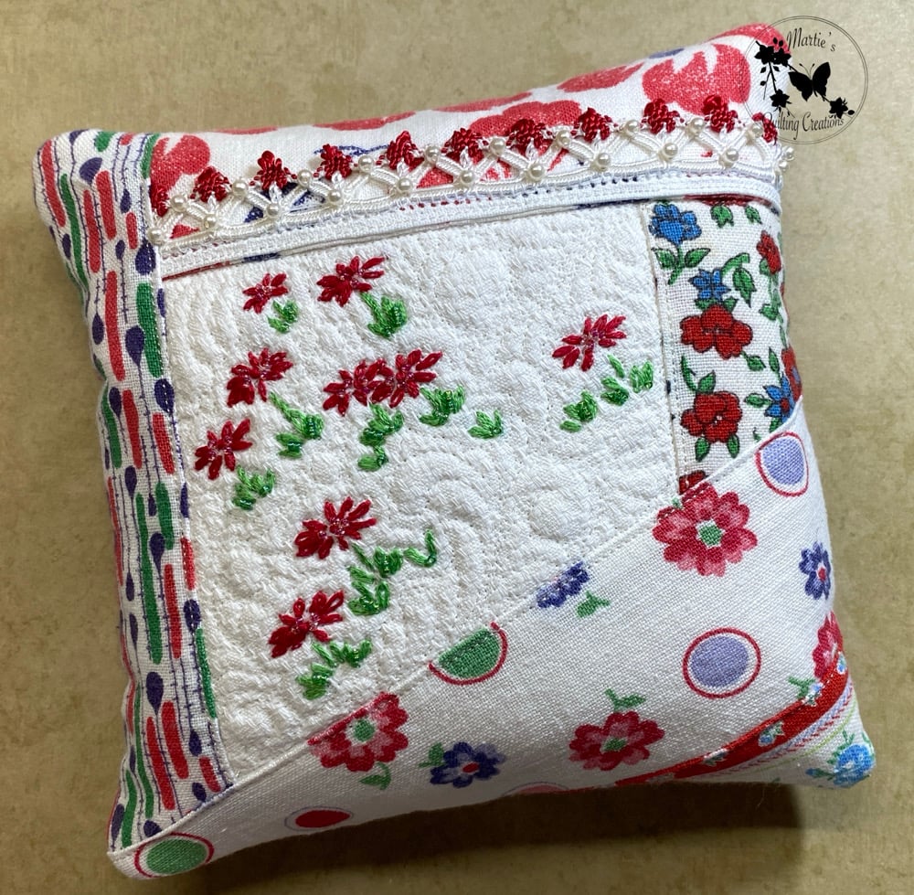 Image of Vintage Pincushion- Red Flowers