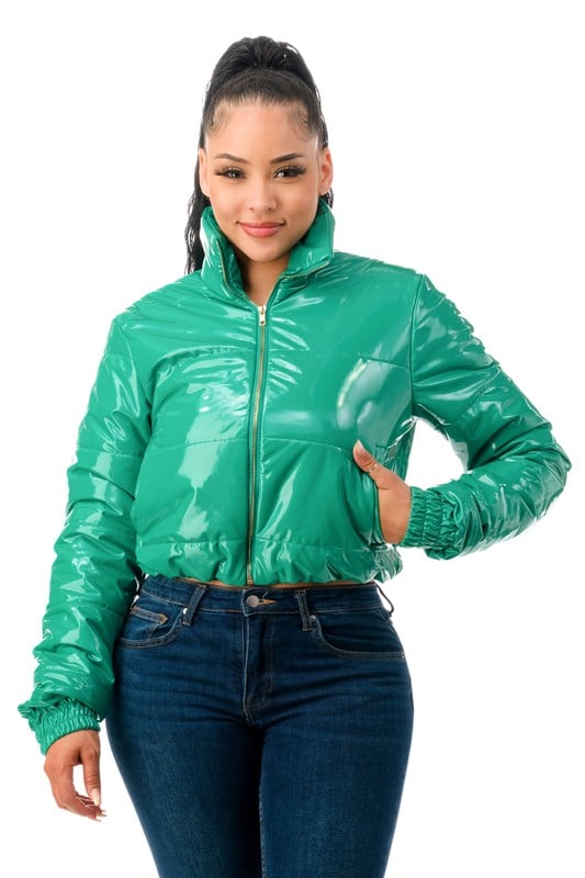 Image of 3PACK Cropped Puffer Latex Bomber Jacket-KELLY GREEN