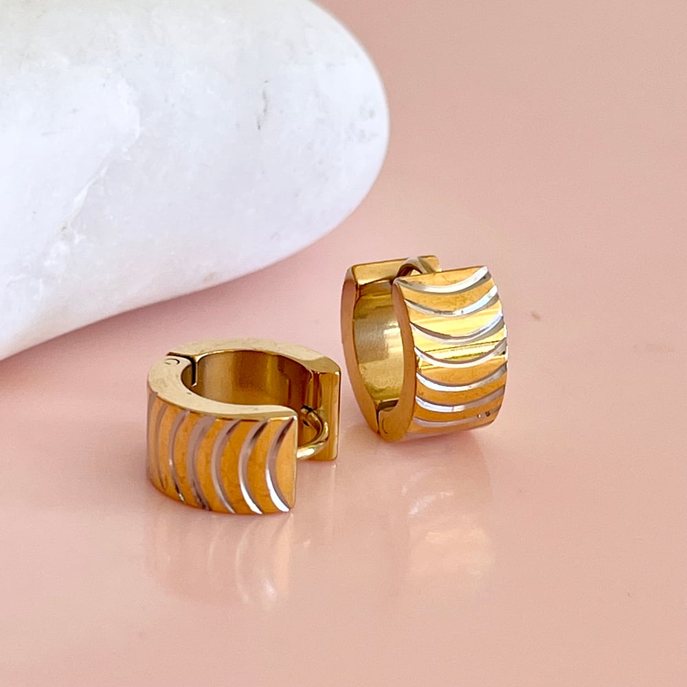 Image of Gold with Silver Moon Etch Huggie Hoops