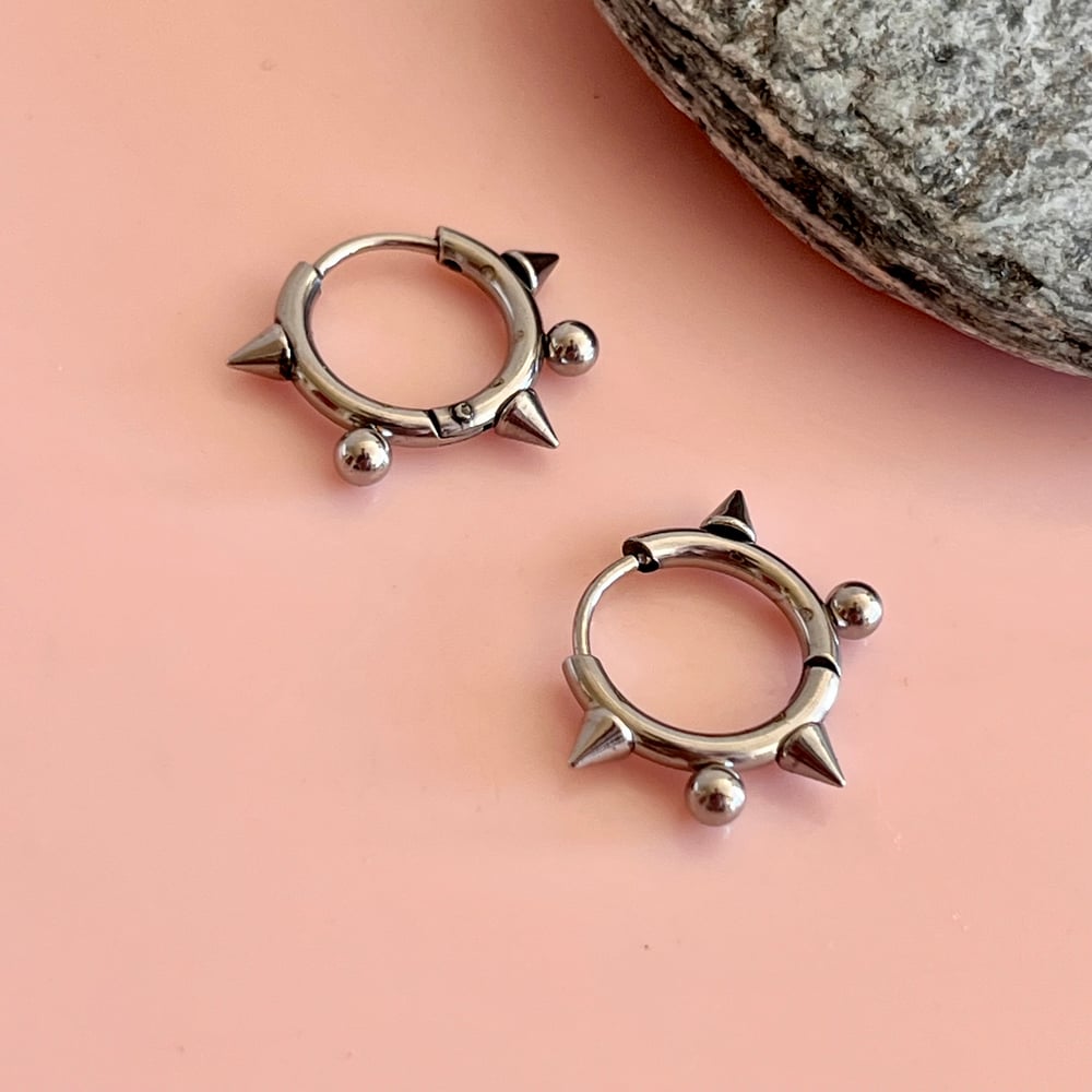 Image of Spike and Spot Stainless Steel Huggie Hoops