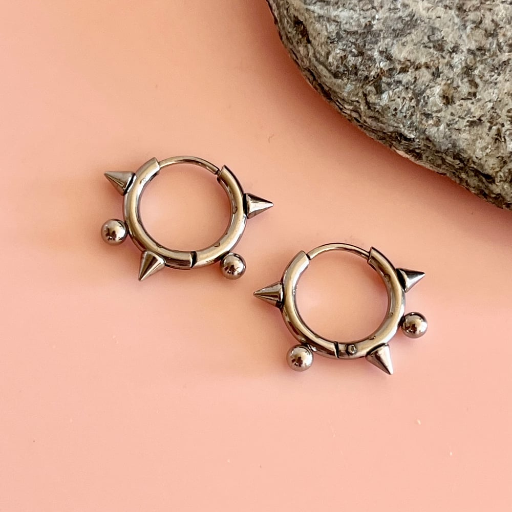 Image of Spike and Spot Stainless Steel Huggie Hoops