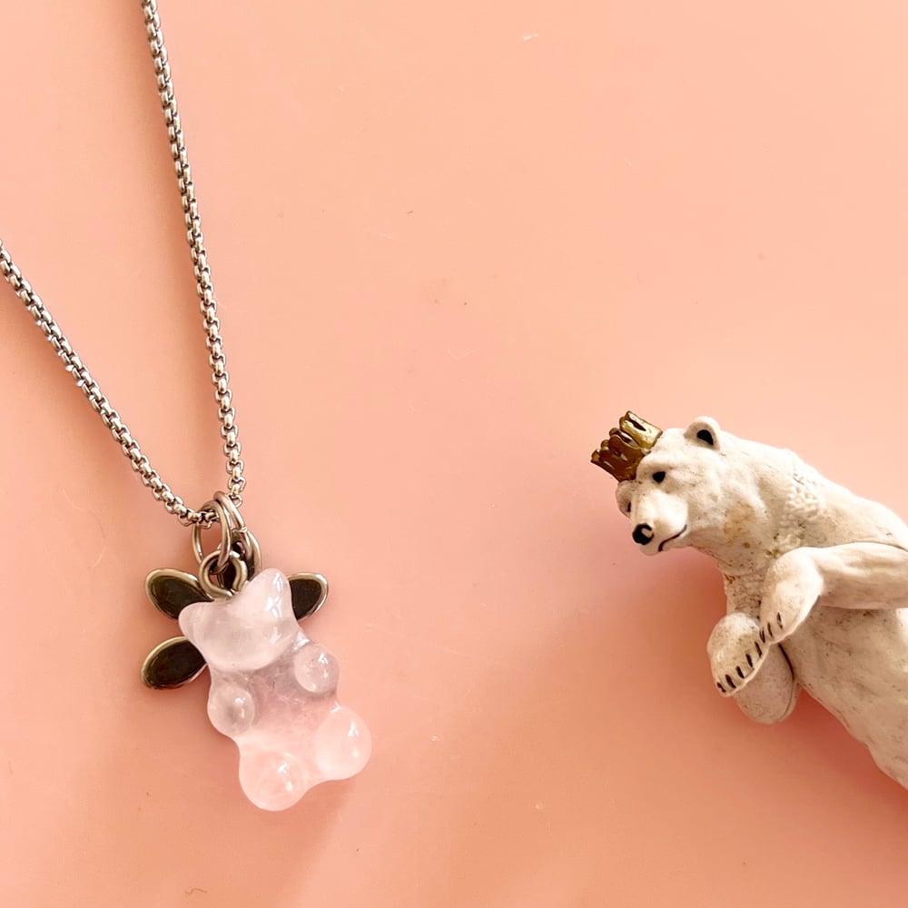 Image of Rose Quartz Bear and Flower Necklace