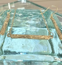 Image 2 of 14k solid gold simple scroll Hawaiian bar necklace & earrings 