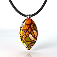 Image 1 of Orange & Green, Black & White Leaves On Branches: Art Glass Painting. Ready to Ship.