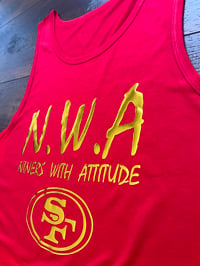 Image 2 of NWA Red Tank Top, Metallic Gold Letters