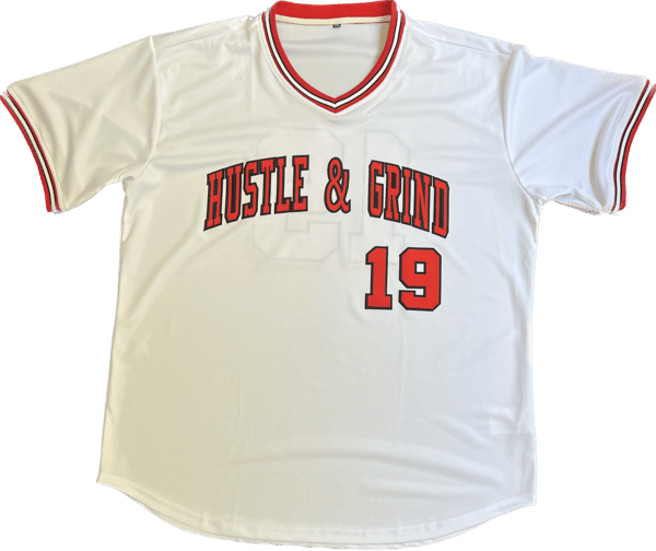 Image of Hustle & Grind Baseball Jersey White w/Red & Black letters.
