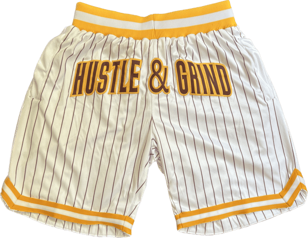 Image of Hustle & Grind Basketball Shorts Padre colors Brown/Gold/White.