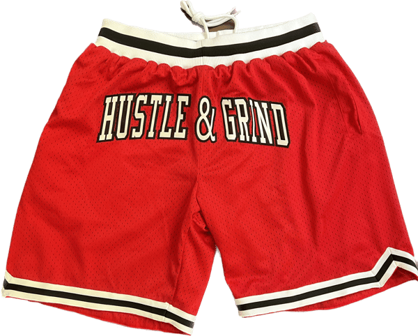 Image of Hustle & Grind Basketball Shorts Red w/White & Black letters.