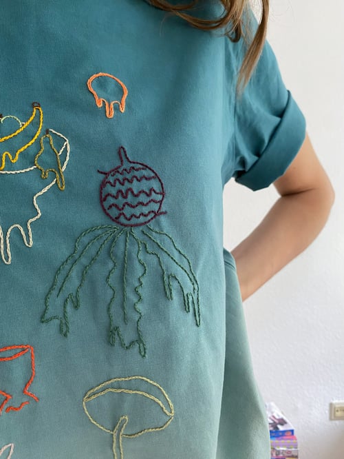 Image of Made to order: Leaking fruit - not made by AI, dip dye organic cotton, hand embroidered t-shirt