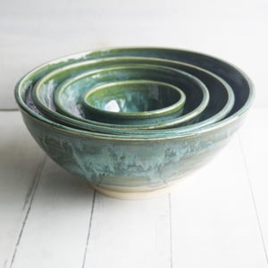 Image of Reserved for Andrea - Rustic Nesting Bowl Set in Textured Green Glaze, Set of Four Ceramic Bowls
