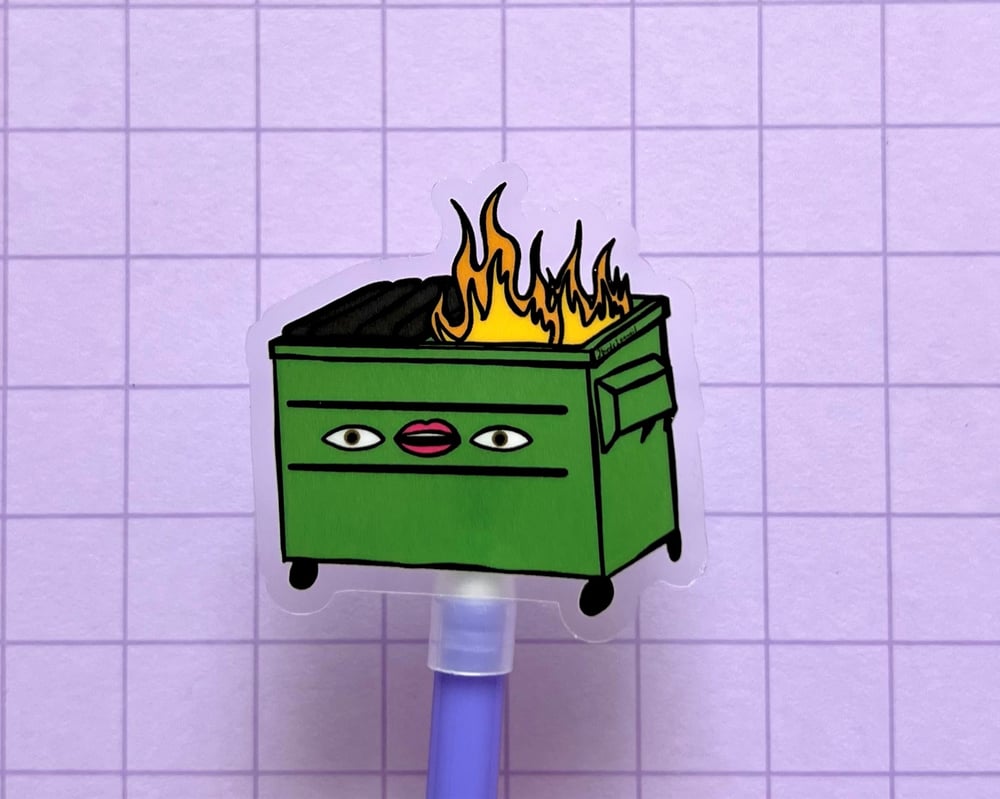 Image of Dumpster fire emoji clear vinyl mini sticker