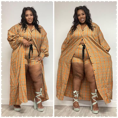 Image of 3PACK MUSTARD PLAID OVERSIZED PLAID DRESS/COAT SHORTS SET