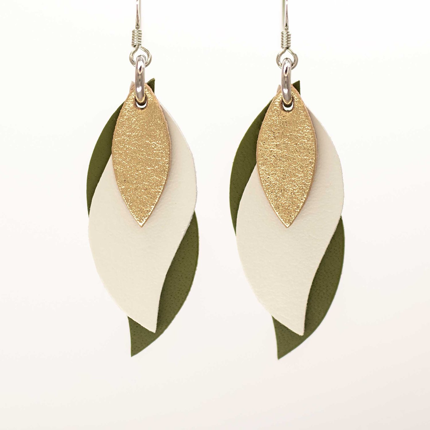 Image of Handmade Australian leather leaf earrings - Gold, cream, olive [LMT-210]