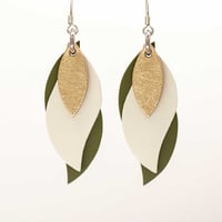 Image 1 of Handmade Australian leather leaf earrings - Gold, cream, olive [LMT-210]