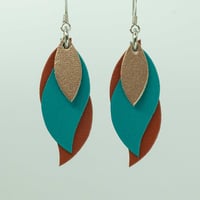 Image 1 of Australian leather leaf earrings - Matte rose gold, teal green, saddletan